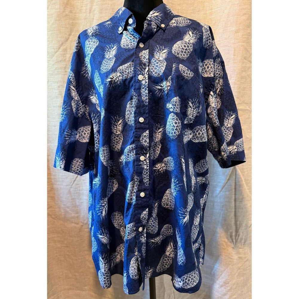 Crown & Ivy Navy Blue Pineapple Print Button Down Shirt XXL Classic Fit Tropical